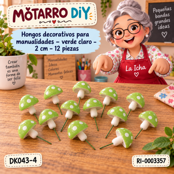 Hongos decorativos para manualidades – verde claro – 2 cm – 12 piezas