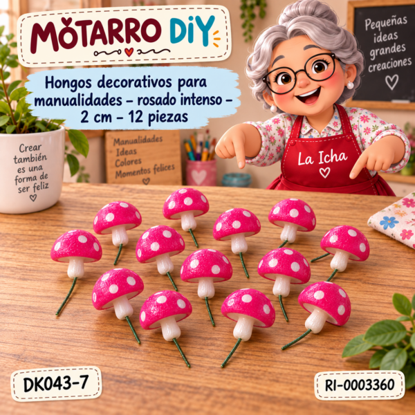 Hongos decorativos para manualidades – rosado intenso – 2 cm – 12 piezas