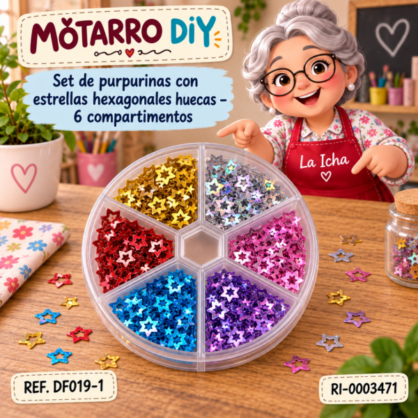 Set de purpurinas con estrellas hexagonales huecas – 6 compartimentos