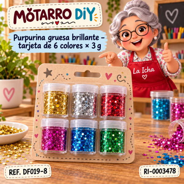 Purpurina gruesa brillante – tarjeta de 6 colores × 3 g
