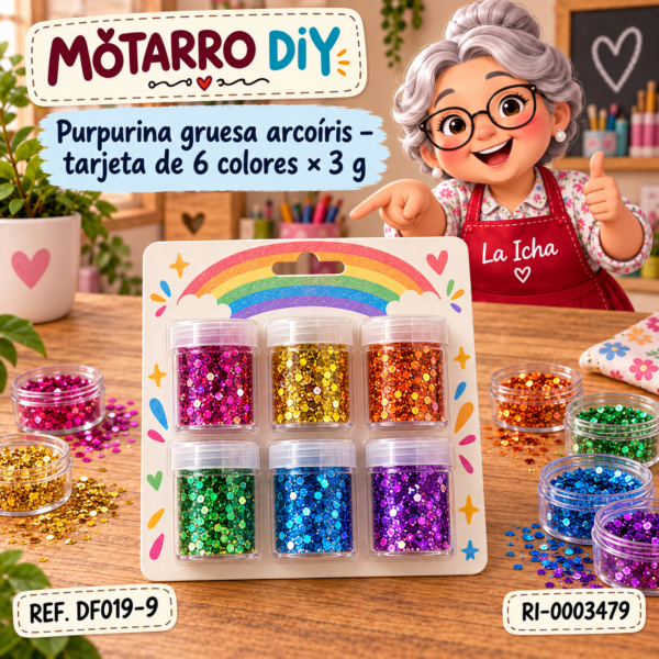 Purpurina gruesa arcoíris – tarjeta de 6 colores × 3 g