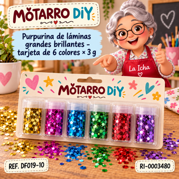 Purpurina de láminas grandes brillantes – tarjeta de 6 colores × 3 g
