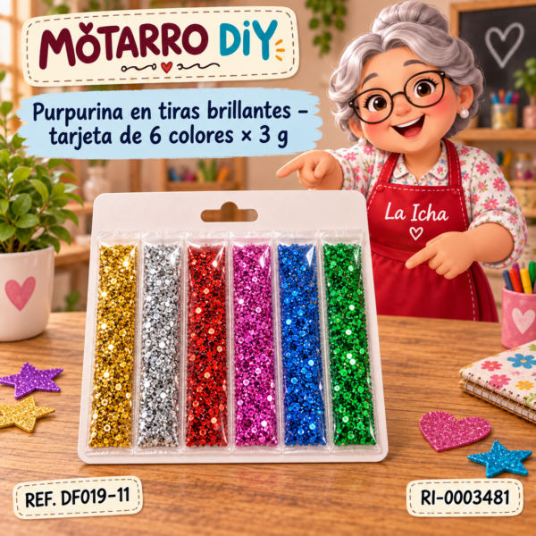 Purpurina en tiras brillantes – tarjeta de 6 colores × 3 g