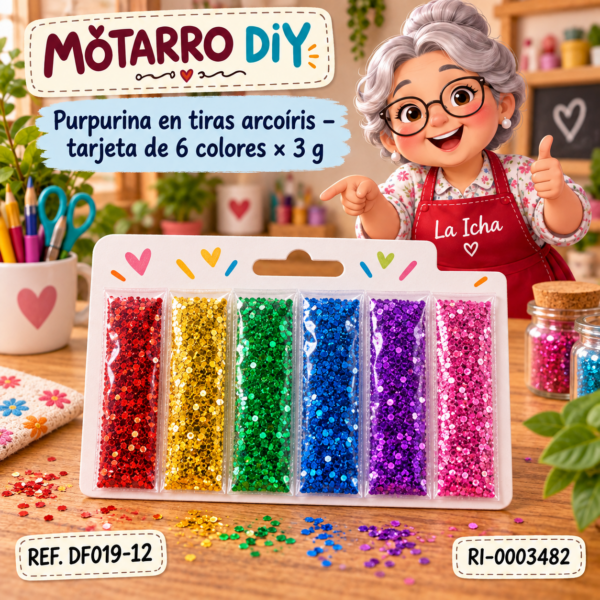Purpurina en tiras arcoíris – tarjeta de 6 colores × 3 g