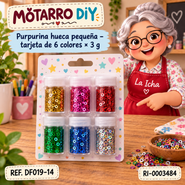 Purpurina hueca pequeña – tarjeta de 6 colores × 3 g