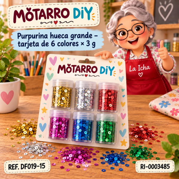 Purpurina hueca grande – tarjeta de 6 colores × 3 g