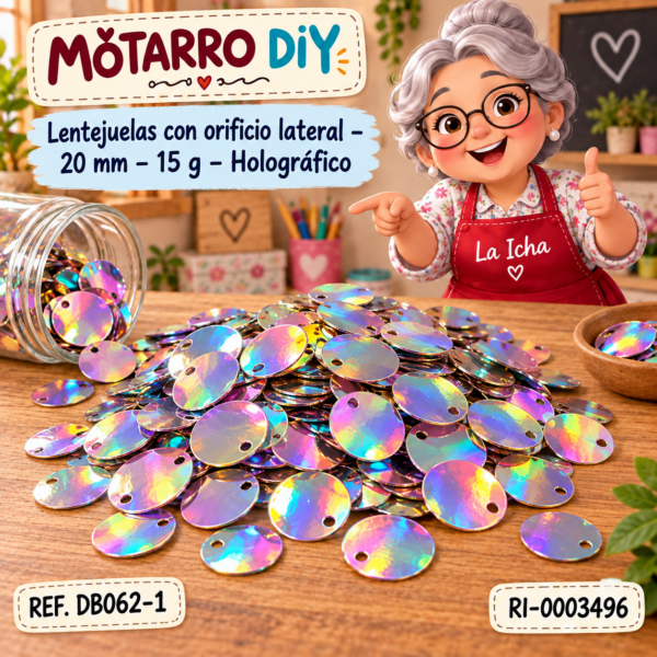 Lentejuelas con orificio lateral – 20 mm – 15 g – Holográfico