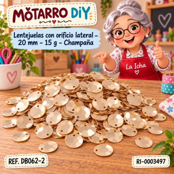 Lentejuelas con orificio lateral – 20 mm – 15 g – Champaña