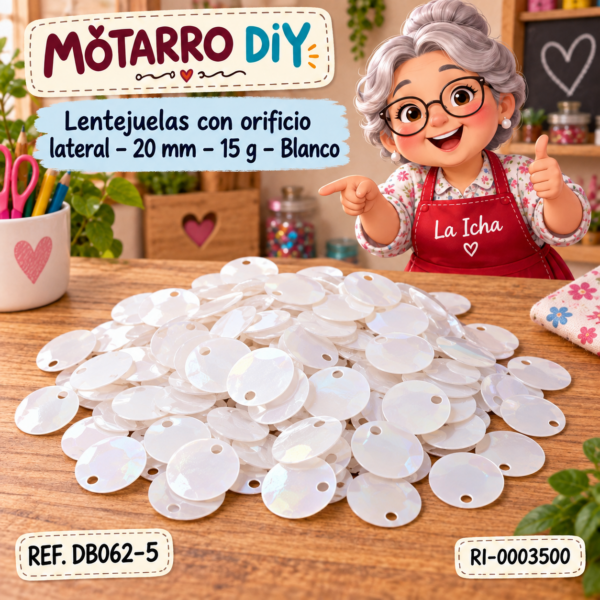 Lentejuelas con orificio lateral – 20 mm – 15 g – Blanco