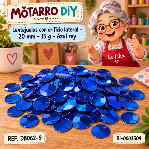 Lentejuelas con orificio lateral – 20 mm – 15 g – Azul rey