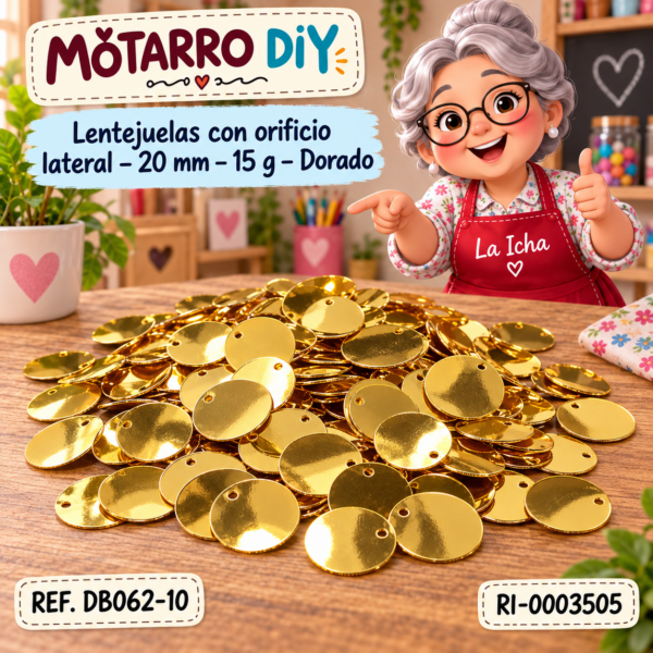 Lentejuelas con orificio lateral – 20 mm – 15 g – Dorado