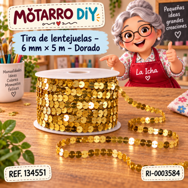 Tira de lentejuelas – 6 mm × 5 m – Dorado