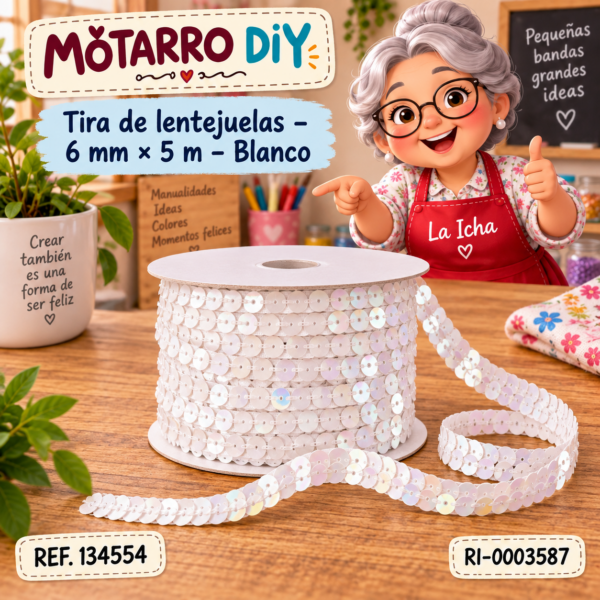 Tira de lentejuelas – 6 mm × 5 m – Blanco
