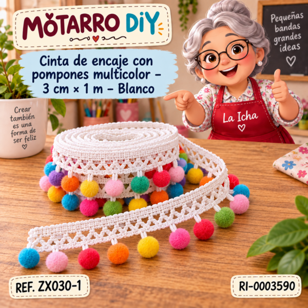 Cinta de encaje con pompones multicolor – 3 cm × 1 m – Blanco