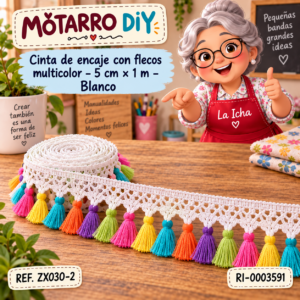 ri-0003591-zx030-2 Cinta de encaje con flecos multicolor – 5 cm × 1 m – Blanco
