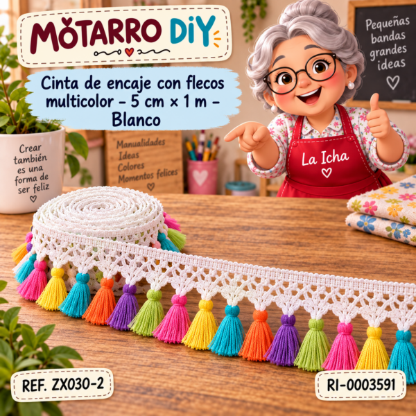 Cinta de encaje con flecos multicolor – 5 cm × 1 m – Blanco