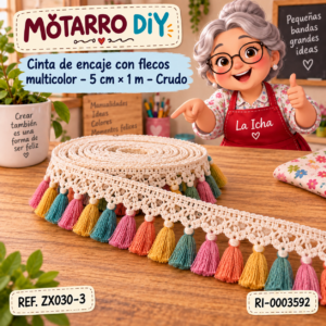 ri-0003592-zx030-3 Cinta de encaje con flecos multicolor – 5 cm × 1 m – Crudo