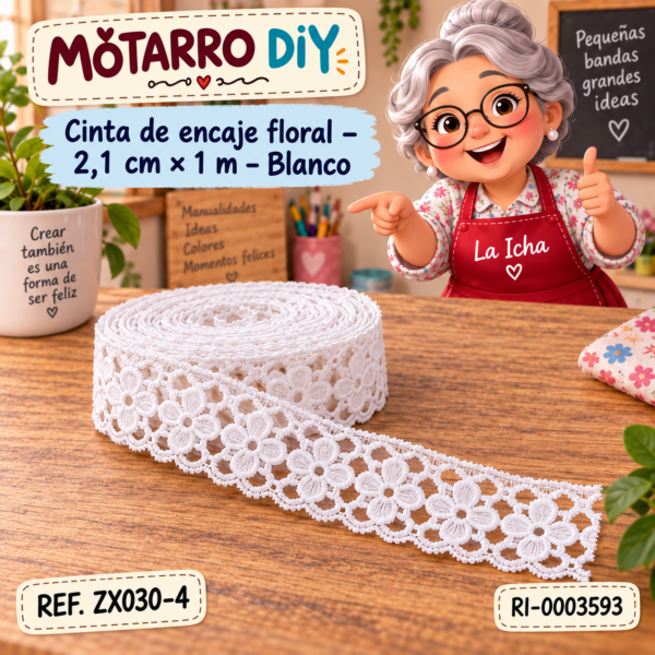 Cinta de encaje floral – 2,1 cm × 1 m – Blanco