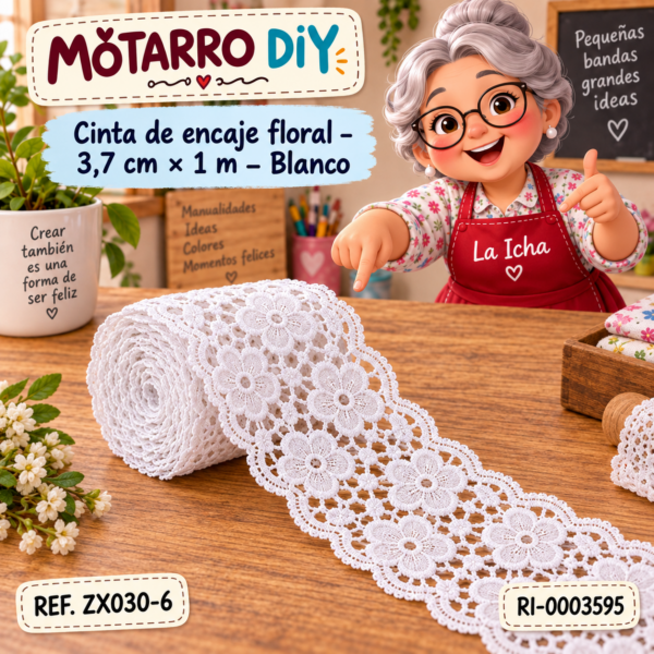 Cinta de encaje floral – 3,7 cm × 1 m – Blanco
