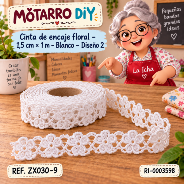 Cinta de encaje floral – 1,5 cm × 1 m – Blanco – Diseño 2