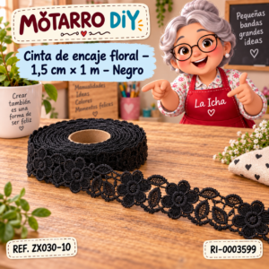 ri-0003599-zx030-10 Cinta de encaje floral – 1,5 cm × 1 m – Negro