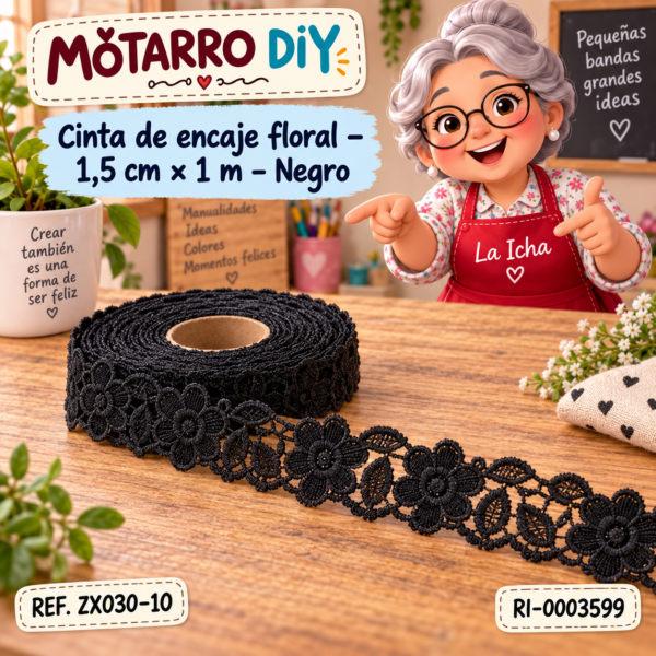 Cinta de encaje floral – 1,5 cm × 1 m – Negro