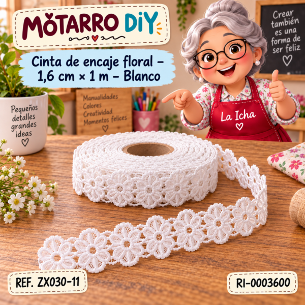 Cinta de encaje floral – 1,6 cm × 1 m – Blanco