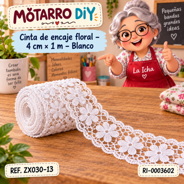 Cinta de encaje floral – 4 cm × 1 m – Blanco
