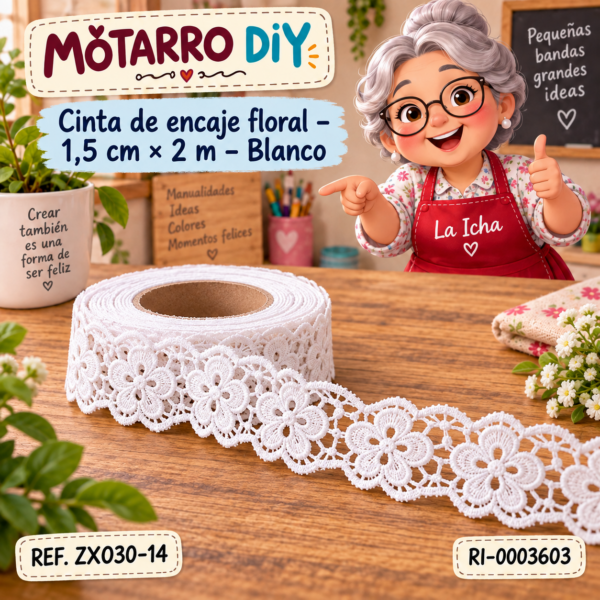 Cinta de encaje floral – 1,5 cm × 2 m – Blanco