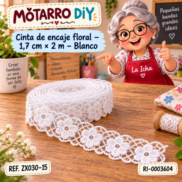 Cinta de encaje floral – 1,7 cm × 2 m – Blanco