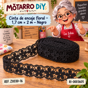 ri-0003605-zx030-16 Cinta de encaje floral – 1,7 cm × 2 m – Negro