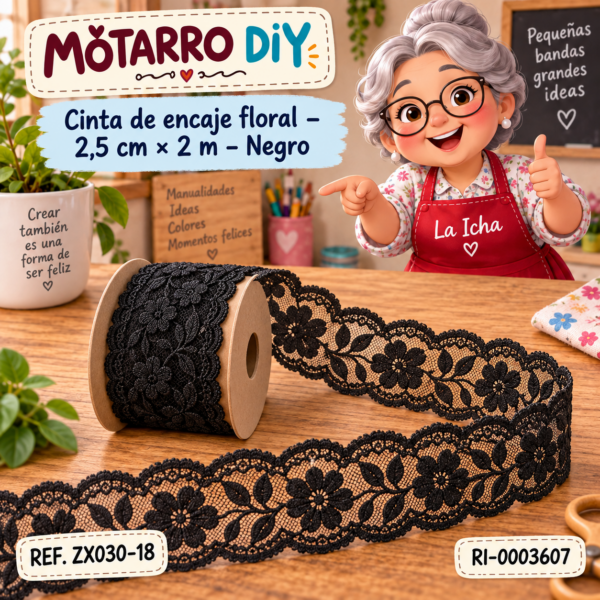 Cinta de encaje floral – 2,5 cm × 2 m – Negro