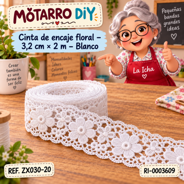 Cinta de encaje floral – 3,2 cm × 2 m – Blanco