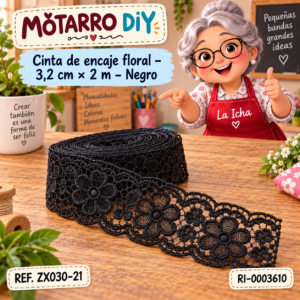 ri-0003610-zx030-21 Cinta de encaje floral – 3,2 cm × 2 m – Negro