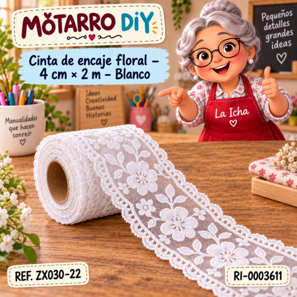 Cinta de encaje floral – 4 cm × 2 m – Blanco