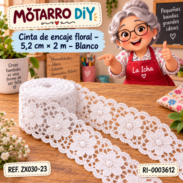 Cinta de encaje floral – 5,2 cm × 2 m – Blanco