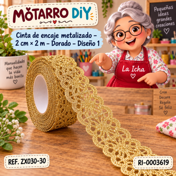 Cinta de encaje metalizado – 2 cm × 2 m – Dorado – Diseño 1