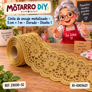 ri-0003621-zx030-32 Cinta de encaje metalizado – 5 cm × 1 m – Dorado – Diseño 1