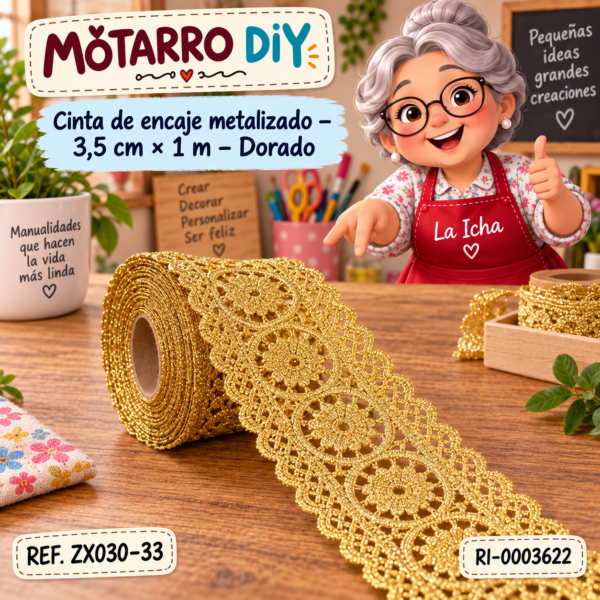 Cinta de encaje metalizado – 3,5 cm × 1 m – Dorado