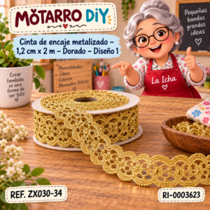 ri-0003623-zx030-34 Cinta de encaje metalizado – 1,2 cm × 2 m – Dorado – Diseño 1