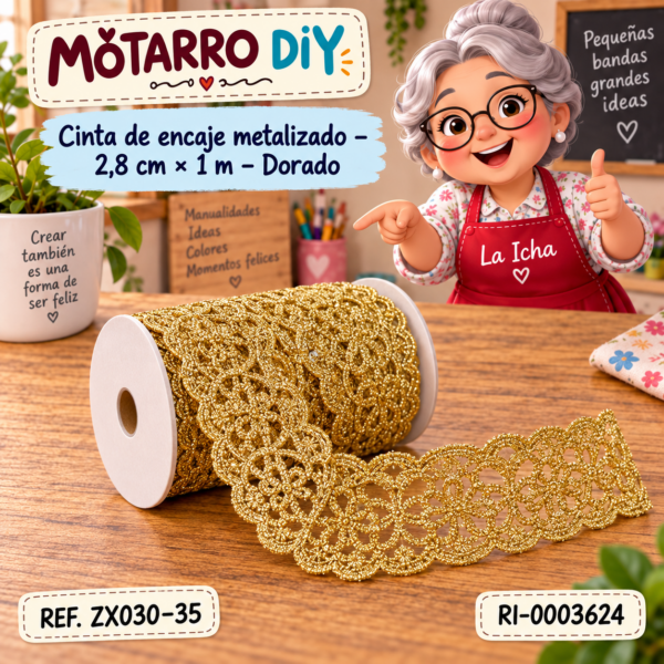 Cinta de encaje metalizado – 2,8 cm × 1 m – Dorado