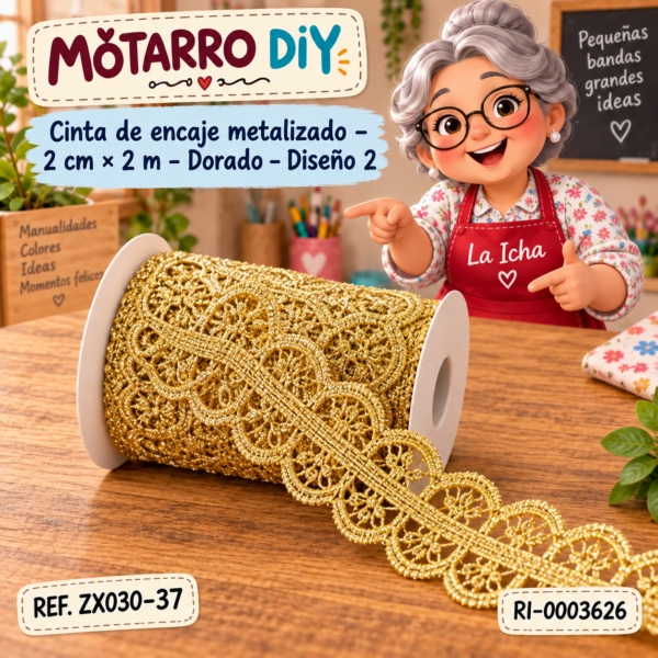 Cinta de encaje metalizado – 2 cm × 2 m – Dorado – Diseño 2