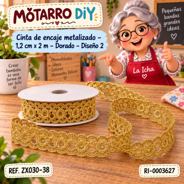 Cinta de encaje metalizado – 1,2 cm × 2 m – Dorado – Diseño 2