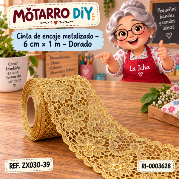 Cinta de encaje metalizado – 6 cm × 1 m – Dorado