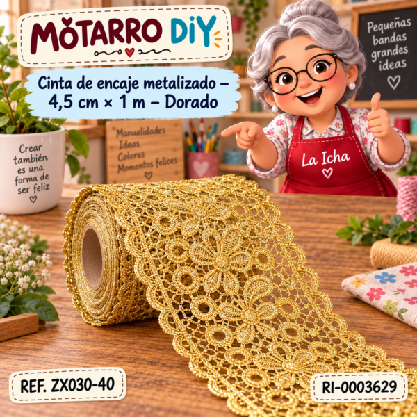 Cinta de encaje metalizado – 4,5 cm × 1 m – Dorado