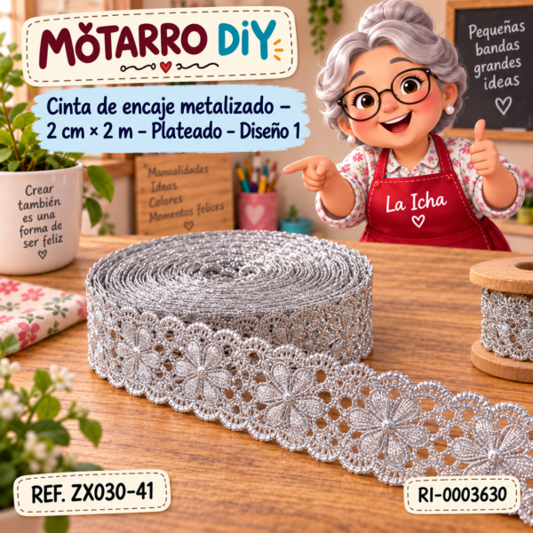 Cinta de encaje metalizado – 2 cm × 2 m – Plateado – Diseño 1