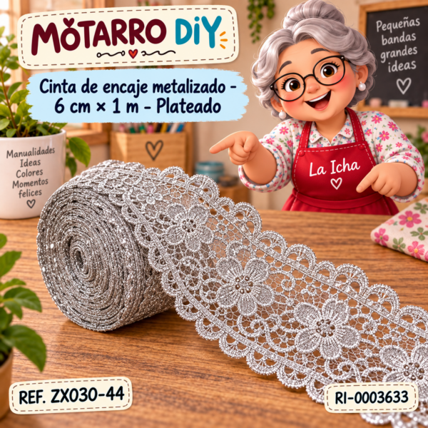 Cinta de encaje metalizado – 6 cm × 1 m – Plateado