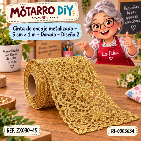 Cinta de encaje metalizado – 5 cm × 1 m – Dorado – Diseño 2