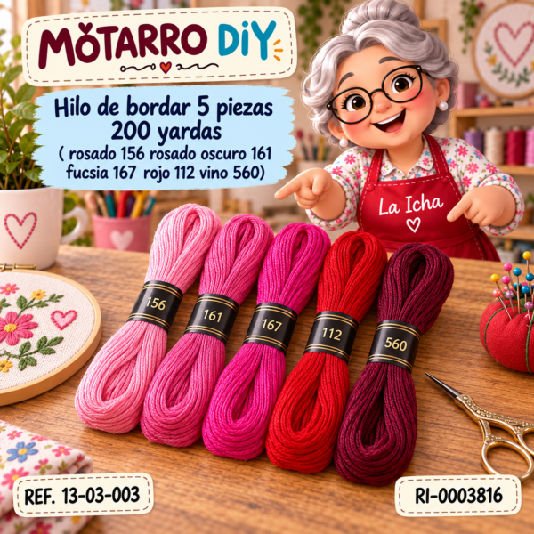Hilo de bordar 5 piezas 200 yardas ( rosado 156 rosado oscuro 161 fucsia 167 rojo 112 vino 560)