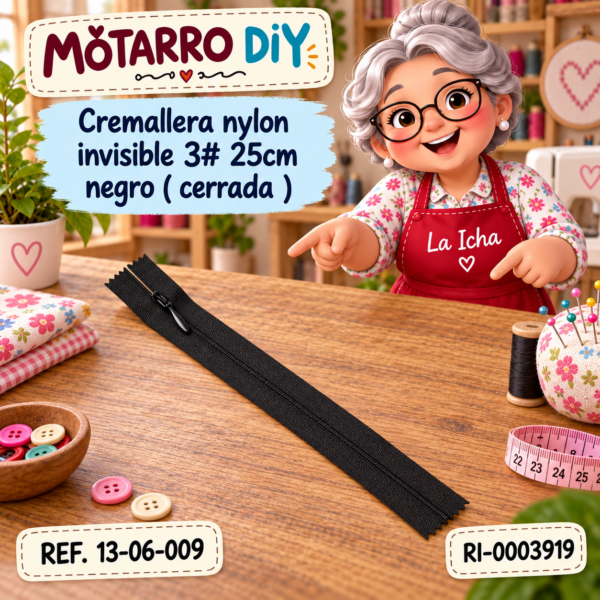 Cremallera nylon invisible 3# 25cm negro ( cerrada )